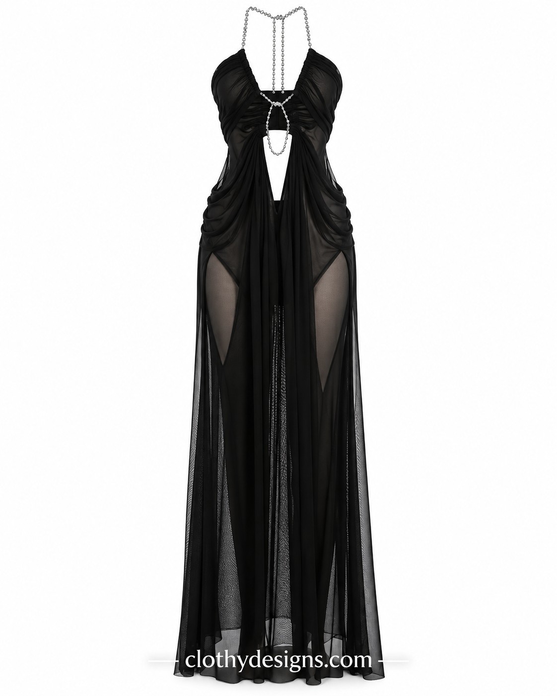 Sexy Halter Maxi Dress – Plunging Neck Backless Cut-Out Mesh Party & Evening Gown